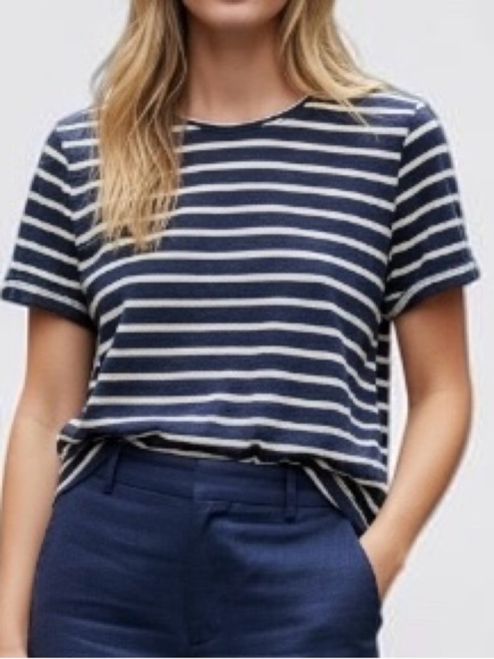 J Crew Navy & White Striped Boxy Cropped Linen Tee